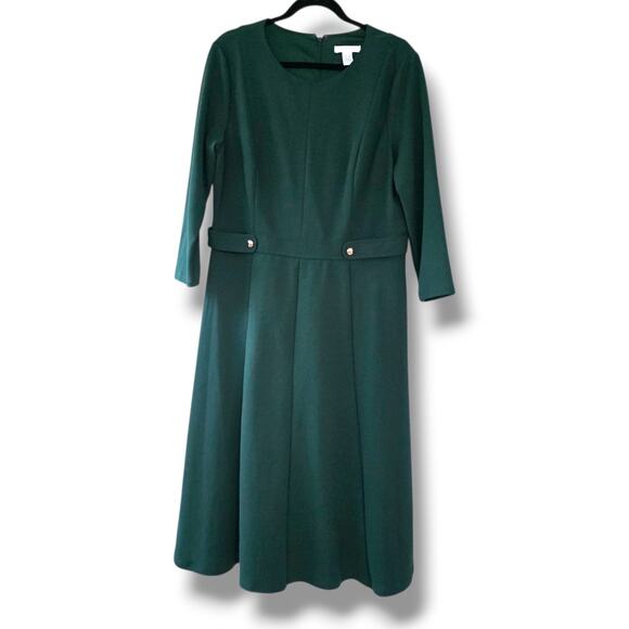 NWT London Times Women's 16 Fit & Flare Midi Dress Emerald Green Hunter Holiday - Picture 2 of 12